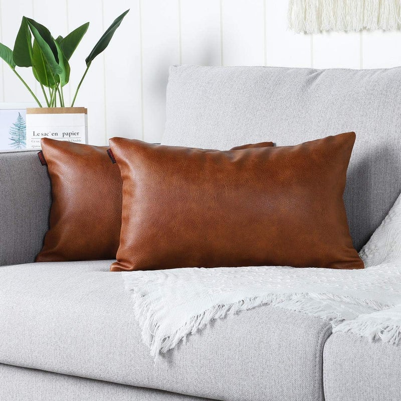 MANDIOO Set of 2 Lumbar Faux Leather Decorative Throw Pillow Covers Modern Solid Outdoor Cushion Cases Luxury Pillowcases for Couch Sofa Bed 12x20 Inches Brown - Image 1